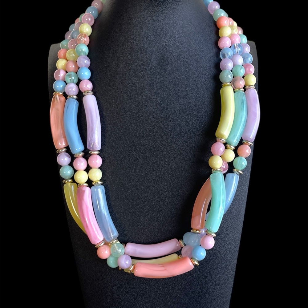 Midcentury 1950s Pastel Tube Beaded Necklace 3 Strand - 16 inches